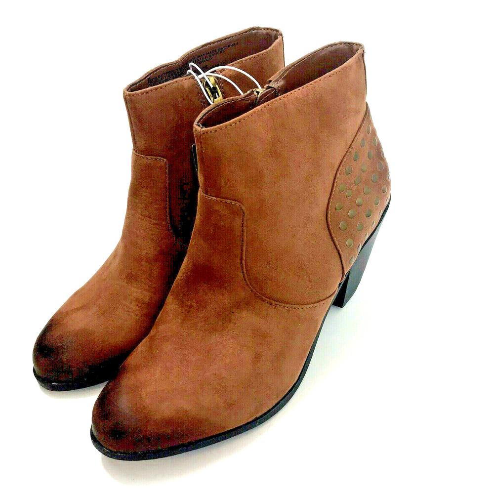 Sam & Libby Ankle Boots Womens 9.5 LARA Bootie Distressed Cognac Zip Studs NEW